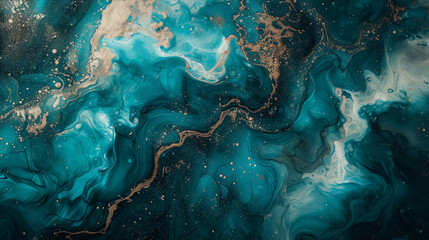Turquoise blue alcohol ink painting on white background. Dramatic fluid art background with gold streaks - obrazy, fototapety, plakaty
