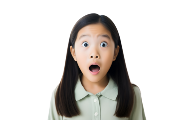 portrait with shocked face of asian child girl isolated on transparent background