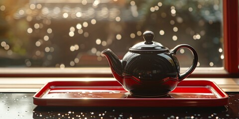 tea set on a wooden tray Generative AI