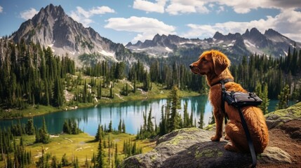 Backpacking with a dog in the Sawtooth Mountain Wilderness at Alice Lake - obrazy, fototapety, plakaty
