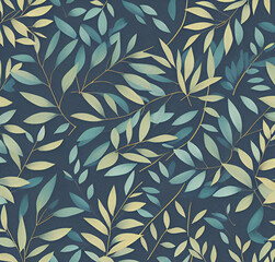 Background with leaves. Colorful illustration. Green floral pattern. Flyer, card design. Nature, vintage backdrop. Decoration wallpaper. Natural template.