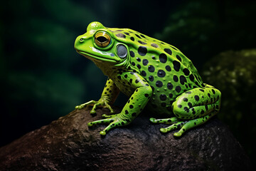Obraz premium Bright green toad starkly contrasted against dark surroundings