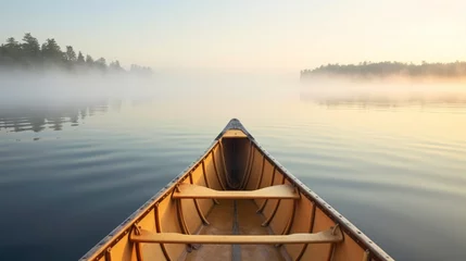 Zelfklevend Fotobehang Bow of a canoe in the morning on a misty lake in Ontario Canada © Mateen