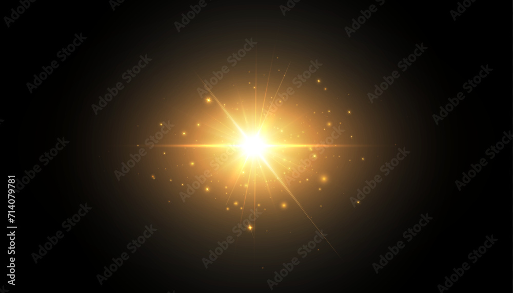 Poster shining star, sun particles and sparkles with flare effect, golden bokeh lights and sparkles. the ef