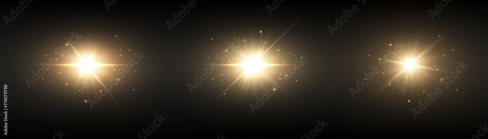 Poster shining star, sun particles and sparkles with flare effect, golden bokeh lights and sparkles. the ef