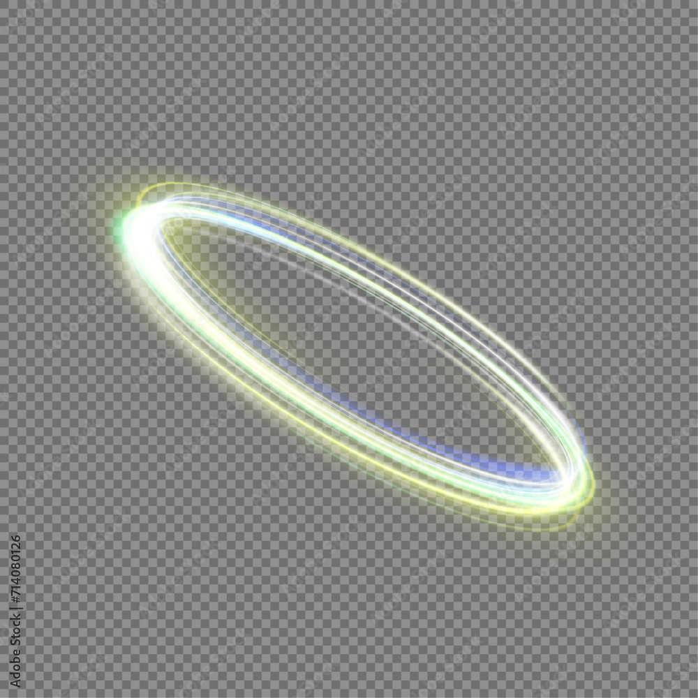 Poster abstract neon gold ring with a green tint. a bright plume of luminous rays swirling in a fast spiral