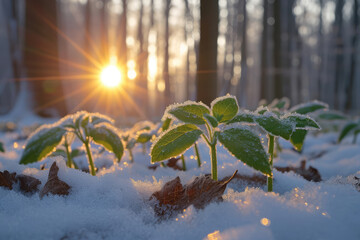 Concept of winter and cold days. Plant leaves in the snow with a sunset, sunrise and forest...