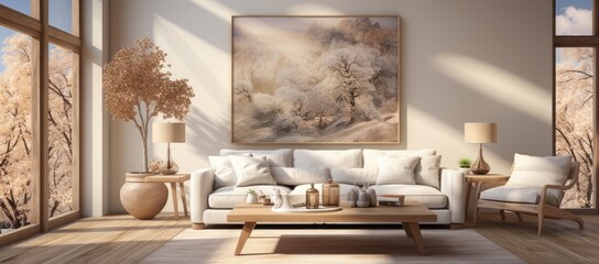 An inviting living room with a stunning painting, cozy couches, and artistic decor creates a comfortable and stylish den for relaxation and creativity