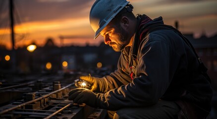 Fototapeta premium As the fiery sun sets on the horizon, a hardworking bluecollar worker stands proud in his workwear, his face illuminated by the glow of the streetlight, ready to tackle the night ahead