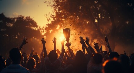 Fototapeta premium A group of people bask in the warmth of the bonfire under the fiery sky, holding their trophy high as a symbol of their collective victory and unity