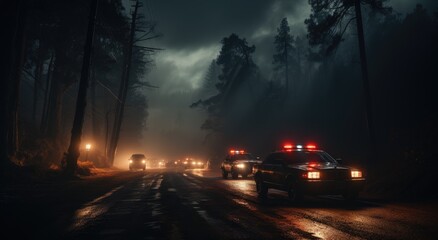 A caravan of police cars races through the foggy night, their lights piercing through the mist as they navigate towards a fiery scene on the tree-lined road