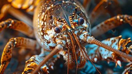 A close-up photo of a lobster. Macro portrait of a lobster. - obrazy, fototapety, plakaty