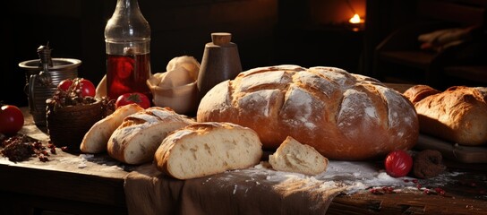 A rustic loaf of sourdough bread takes center stage on a table adorned with other delectable baked goods, as a bottle of soda bread and glasses of drink await to be enjoyed in the cozy indoor setting