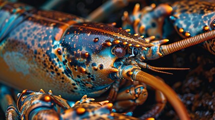A close-up photo of a lobster. Macro portrait of a lobster.