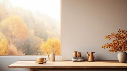 Obraz premium Empty wooden table near window on sunny autumn day