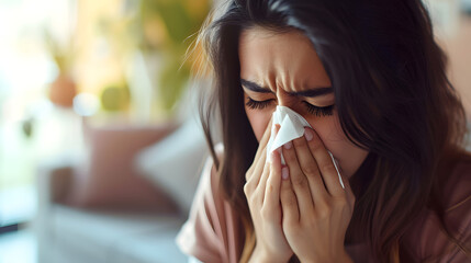 Closeup beauty young woman sick with the flu blowing her nose at home, health concept - obrazy, fototapety, plakaty