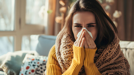 Closeup beauty young woman sick with the flu blowing her nose at home, health concept - obrazy, fototapety, plakaty