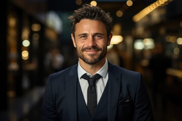 A dapper gentleman exudes confidence and charm as he flashes a winning smile in his tailored suit, complete with a crisp dress shirt, sleek necktie, and well-groomed beard - obrazy, fototapety, plakaty