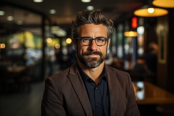 Fototapeta premium A bearded man wearing glasses and a brown jacket stands on a busy street, his thoughtful expression contrasting with the hustle and bustle of the city