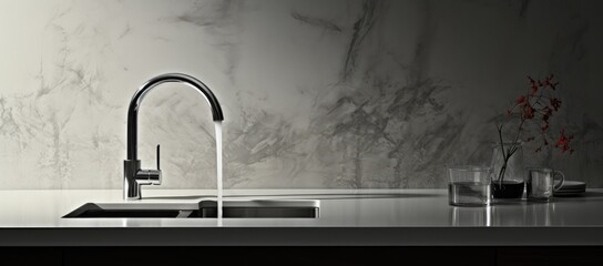 An antique monochrome tap cascades crystal clear water into a sleek indoor sink, embodying the simplicity and functionality of a modern plumbing fixture - obrazy, fototapety, plakaty