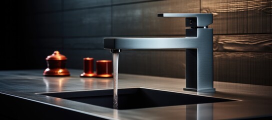 A flickering candle adds warmth and ambiance to the sleek metal design of an indoor faucet, as water flows freely against the wall and onto the waiting table