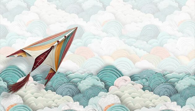 Colorful kite on clouds in the sky with copy space. Paper cut out style. 