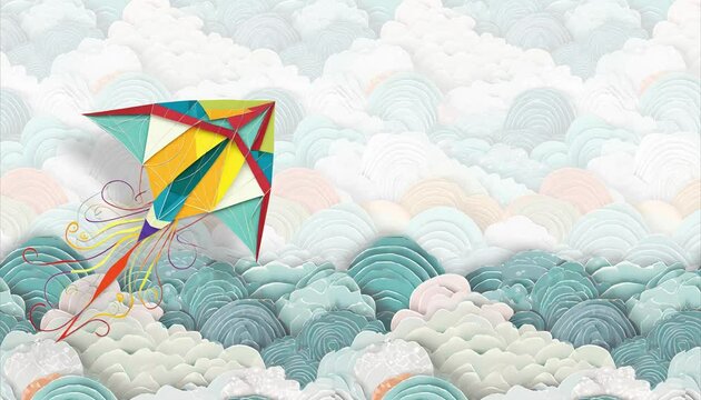 Colorful kite on clouds in the sky with copy space. Paper cut out style. 