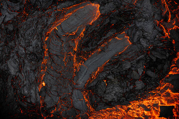 Aerial view of the texture of a solidifying lava field, close-up