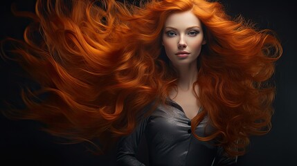 Obraz premium Beautiful female face with powerful silky hair and chic hairstyle done in a beauty salon. Perfect image of a beautiful red-haired woman with developing hair. Illustration for beauty magazine.