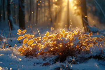 Concept of winter and cold days. Plant leaves in the snow with a sunset, sunrise and forest backgroud.