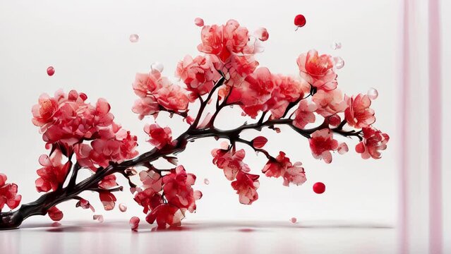 Artwork of cherry blossom branches beautifully draped with dark pink flowers
