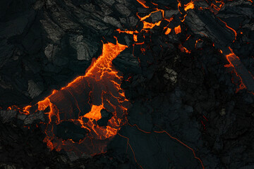 Aerial view of the texture of a solidifying lava field, close-up