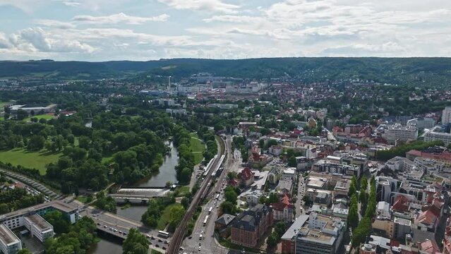 Aerial drone view of Jena‘s Train station , Jena in Thuringia, Germany