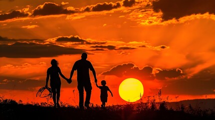 A happy family playing together and walking in the park.