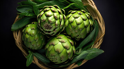 Fototapeta premium Artichokes in wooden bowl black background photo