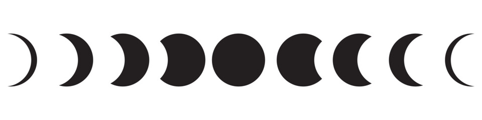 Full moon eclipse vector illustration. Set of moon phases or stages. Total sun eclipse and lunar eclipse cycle. Black and white vector elements collection for book, poster, banner, cover