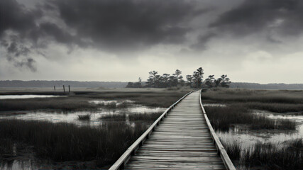 Wooden boardwalk in the marsh with dark clouds in the background
