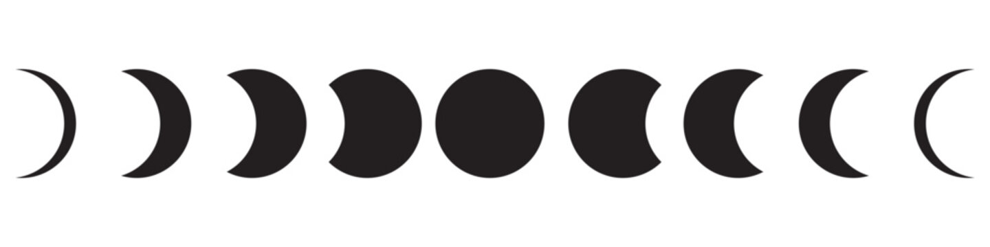 Full moon eclipse vector illustration. Set of moon phases or stages. Total sun eclipse and lunar eclipse cycle. Black and white vector elements collection for book, poster, banner, cover