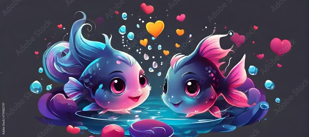 Poster fish in the water, love , heart yellow, ai generated