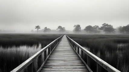 Obraz premium Wooden boardwalk through a foggy swamp in the morning.