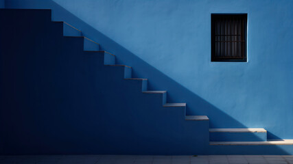 Blue wall with stairs and a window.