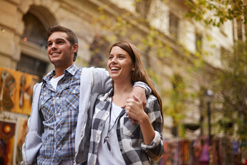 Fototapeta premium Happy, walk and urban couple hug, smile and bonding on relax journey, morning trip or weekend date. Relationship trust, security and romantic people commute for public tour, fresh air or wellness
