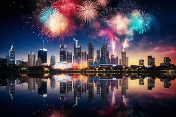 Stunning Aerial View of Vibrant City Skyline Illuminated by Dazzling Fireworks at Night.