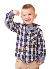 Happy boy, flex and fashion with hair style and checkered shirt standing isolated on a white studio background. Face of young little child, kid or male person smile showing muscle in casual clothing