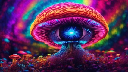 3d illustration of abstract composition with magic mushroom and rainbow bokeh