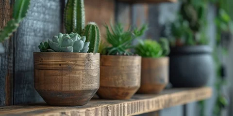 Crédence de cuisine en verre imprimé Cactus wooden wooden pots with cactuses hanging on wooden ledge