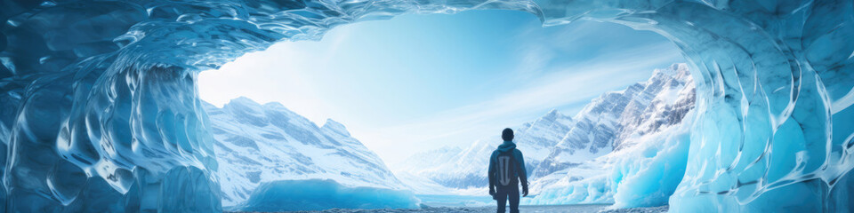 Fototapeta na wymiar Traveler looking at view and stand in front of An enchanting ice cave, with surreal formations and an icy-blue hue