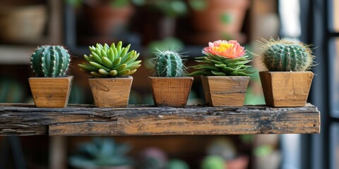 wooden wooden pots with cactuses hanging on wooden ledge