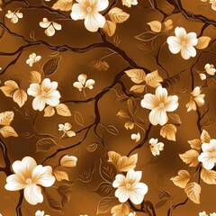 Brown Background With White Flowers and Leaves