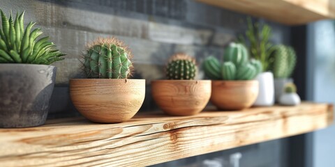 wooden wooden pots with cactuses hanging on wooden ledge - obrazy, fototapety, plakaty